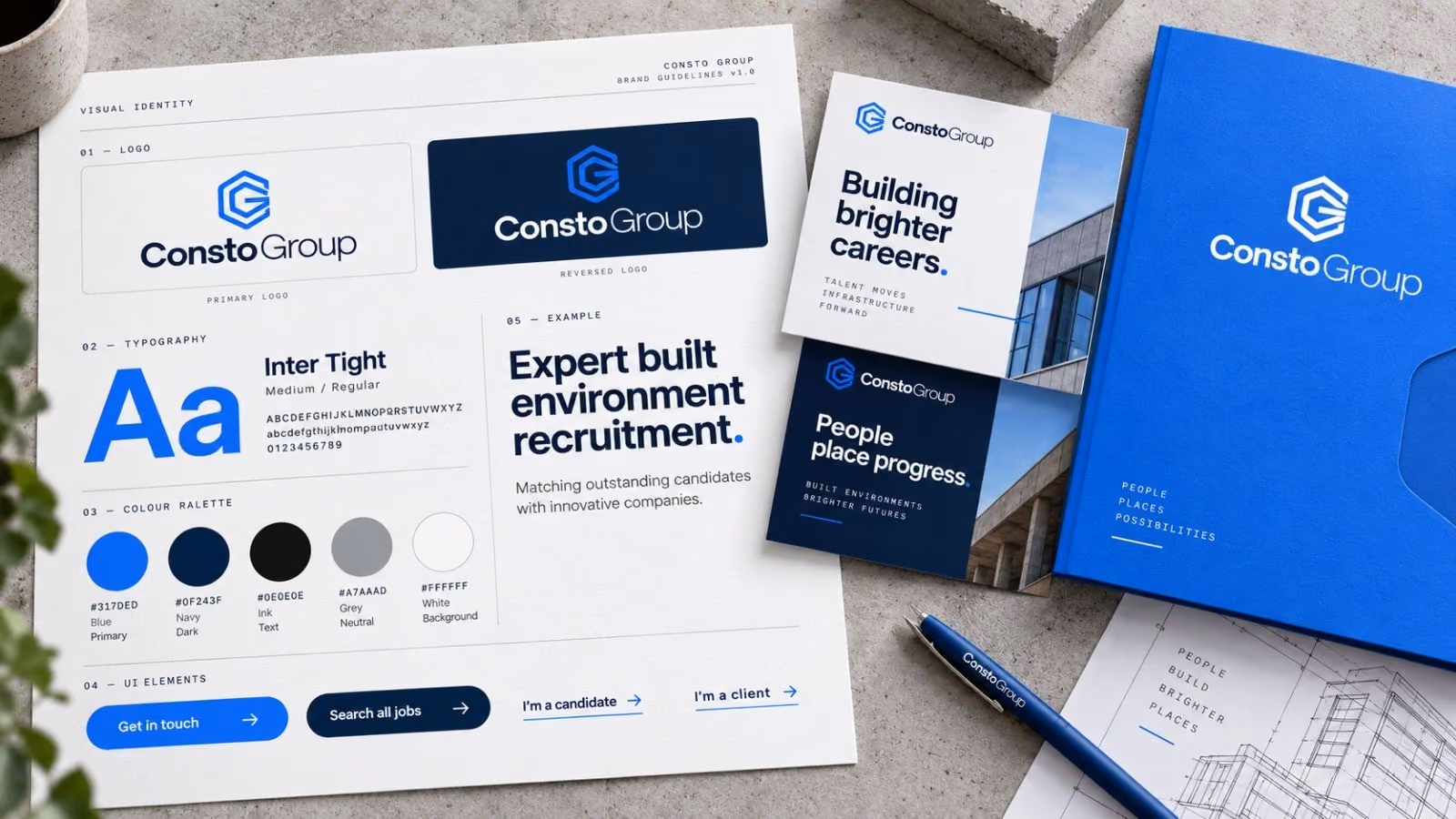 Consto Group design language: colour, type and interface details.