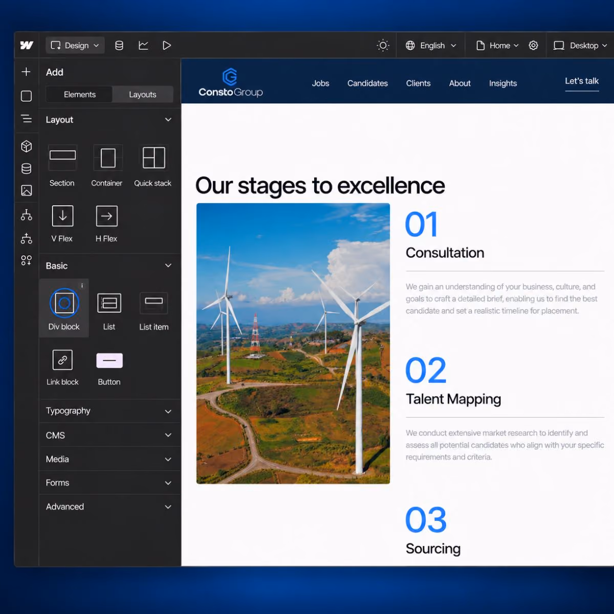 Consto Group website pages shown on desktop and mobile devices.