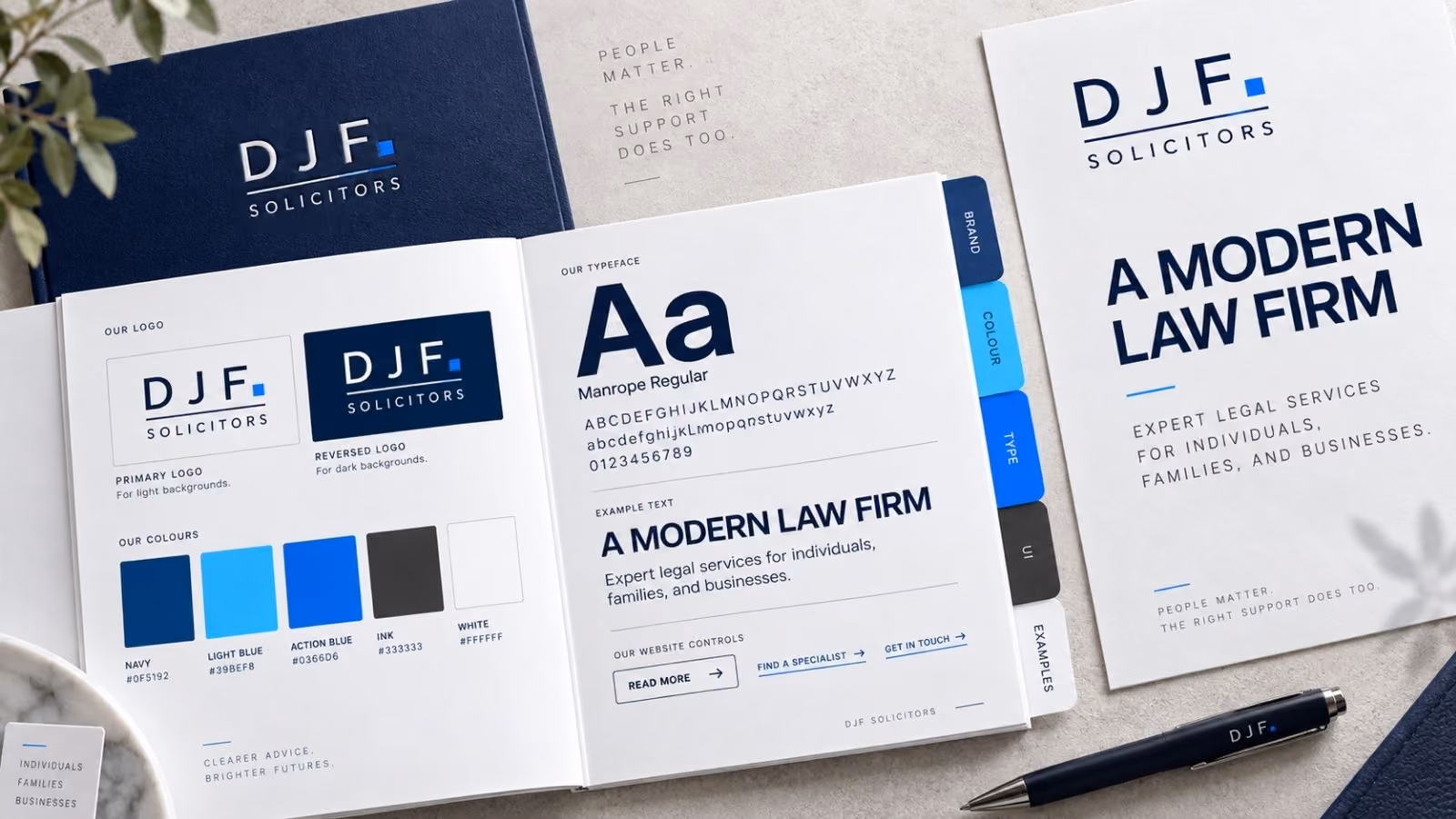 DJF Solicitors design language: colour, type and interface details.
