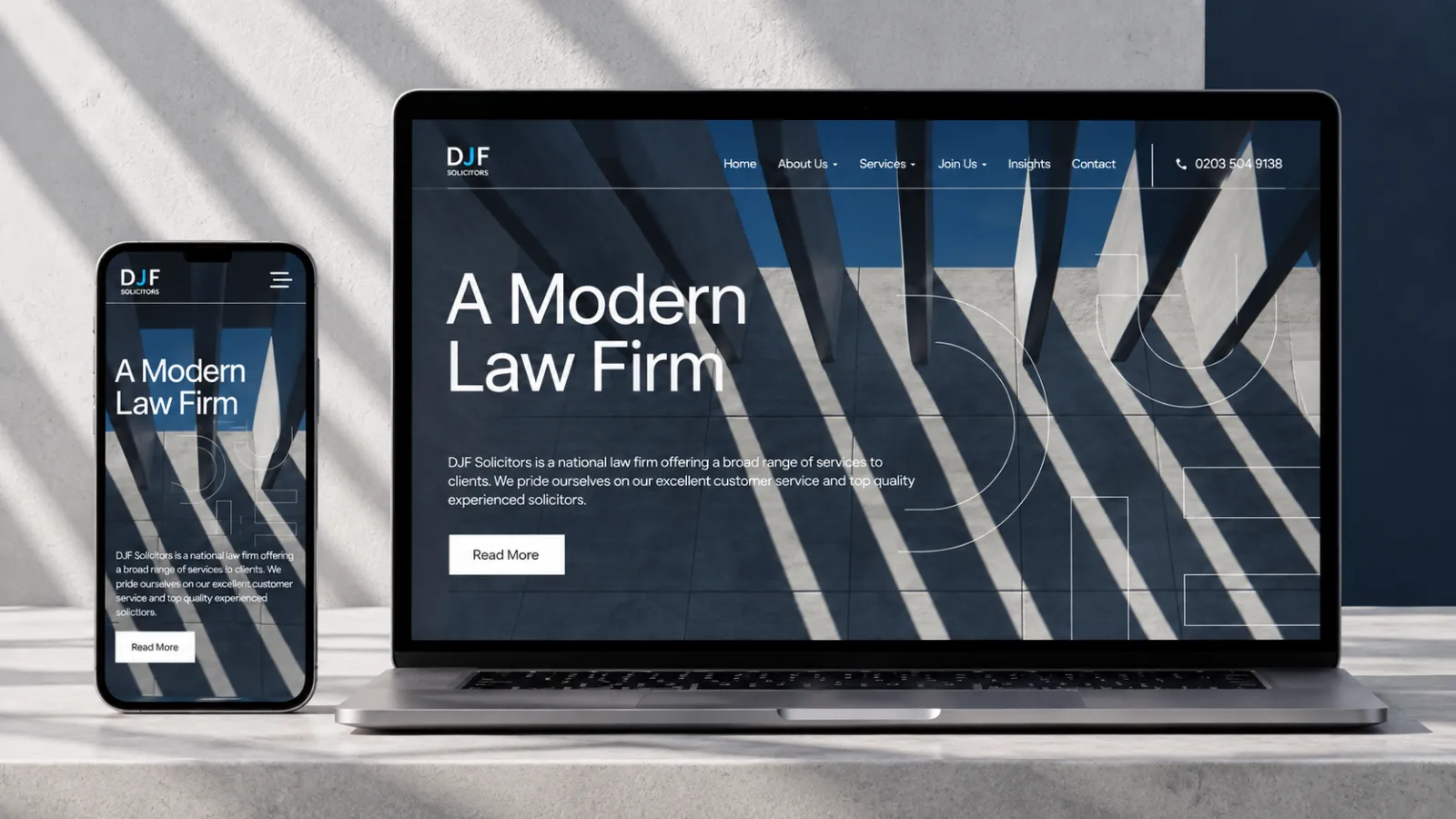 DJF Solicitors website shown on desktop and mobile devices.