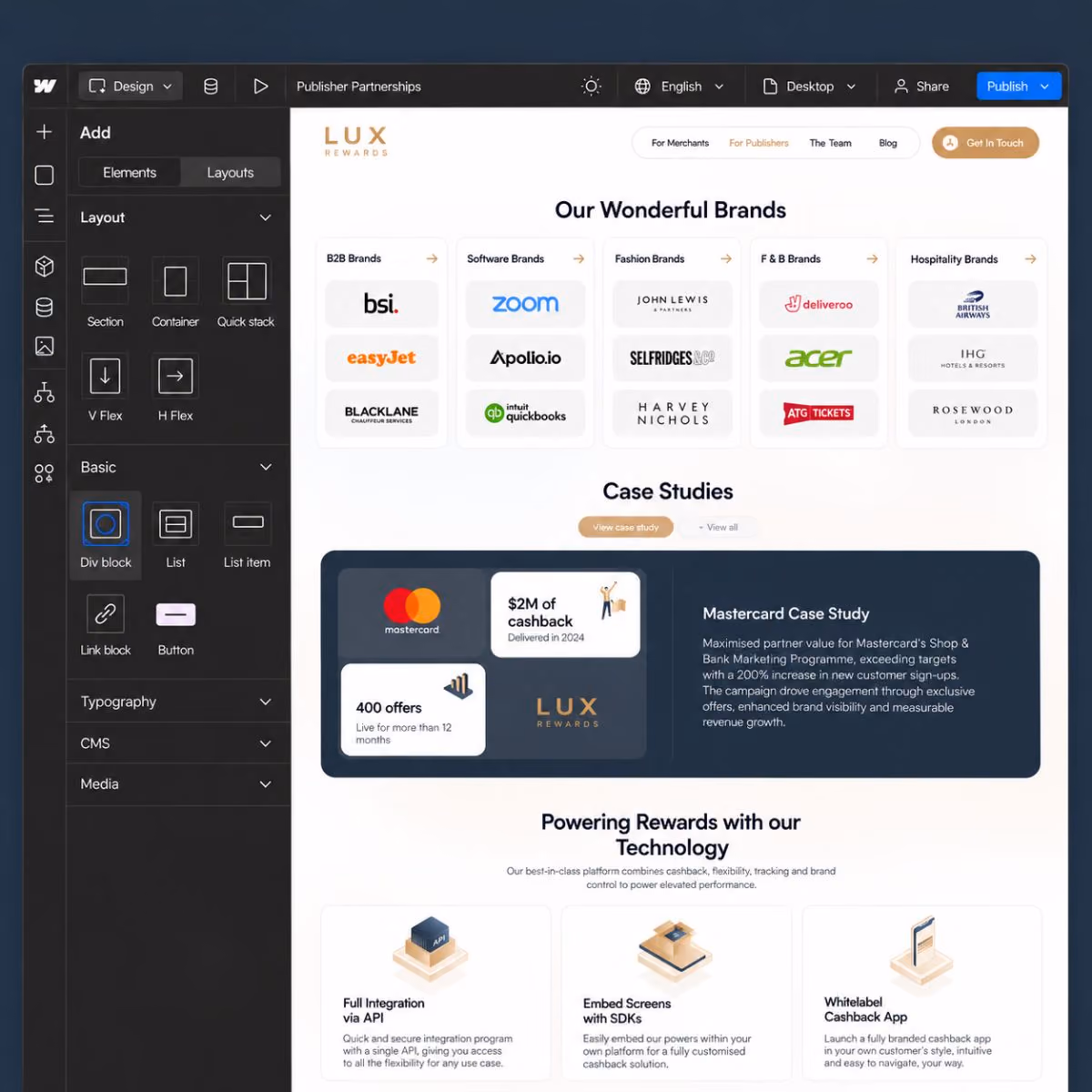 LUX Rewards website pages shown on desktop and mobile devices.
