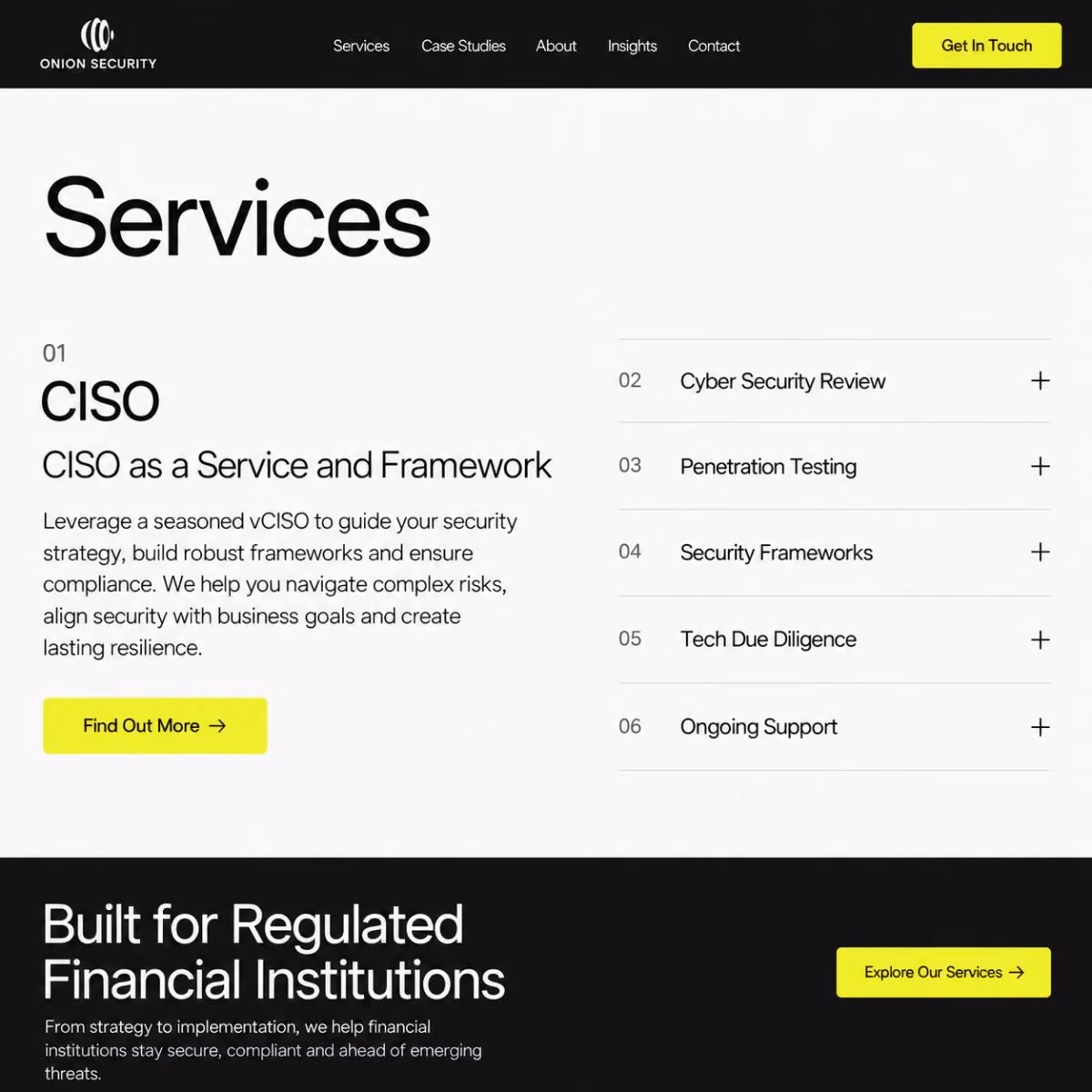 Onion Security website pages shown on desktop and mobile devices.