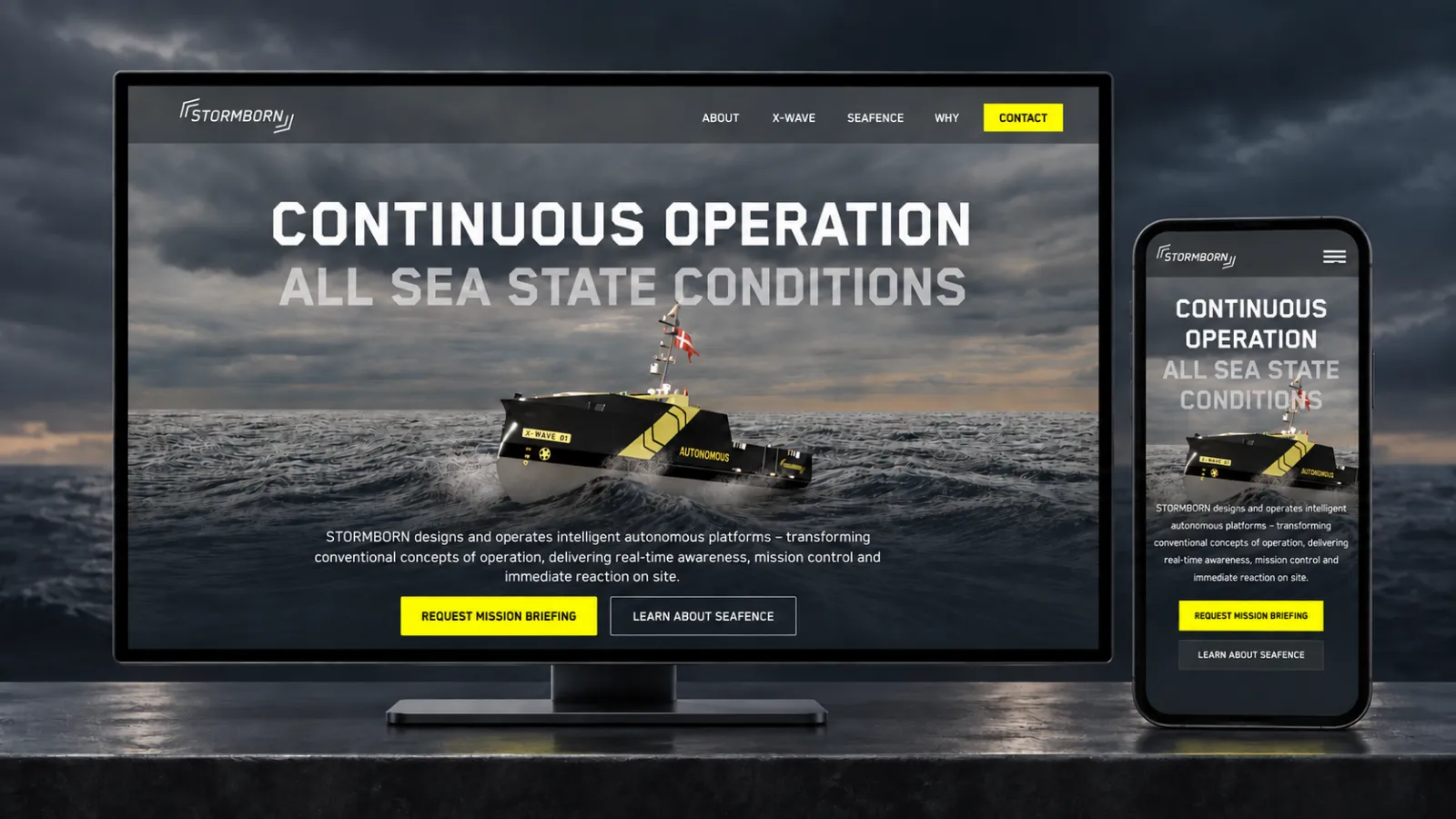 Stormborn launch website on a desktop monitor and phone, showing the X-WAVE autonomous vessel at sea.