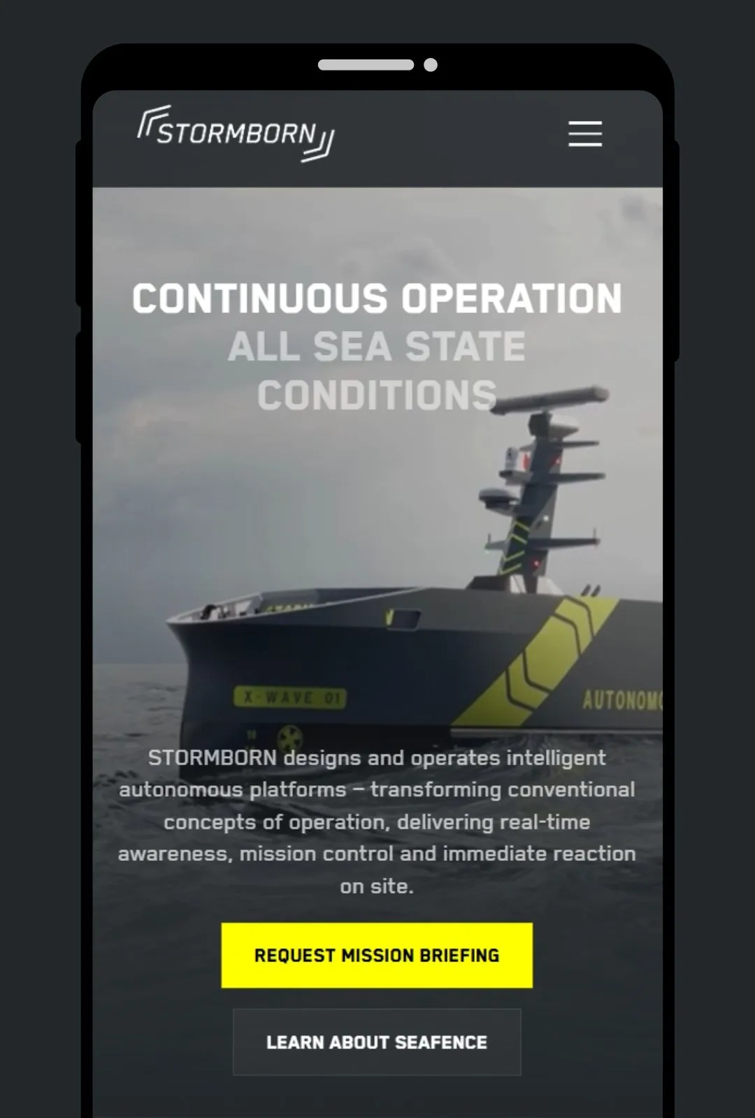 Mobile view of the Stormborn website featuring an autonomous vessel.