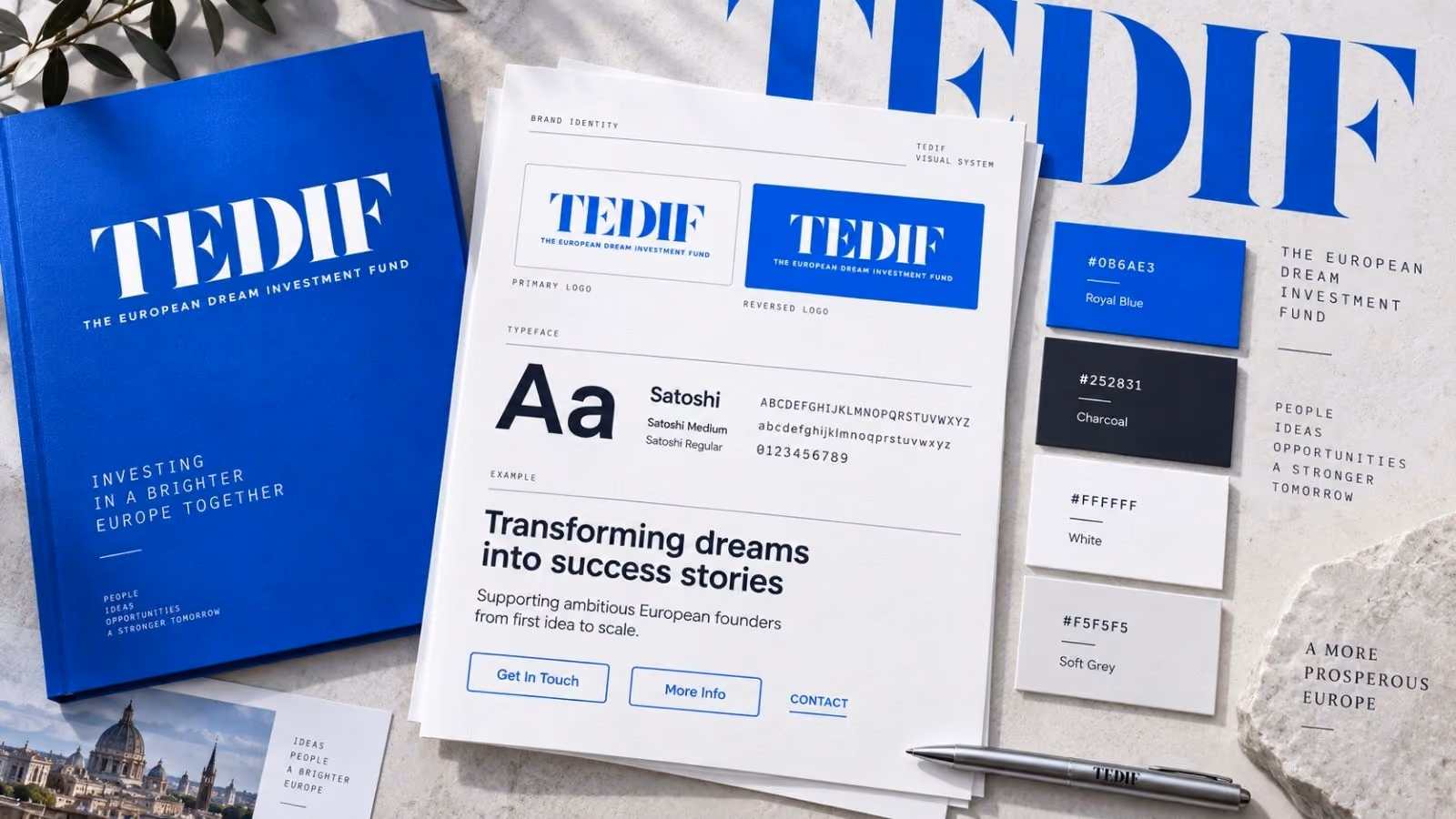Tedif design language: colour, type and interface details.