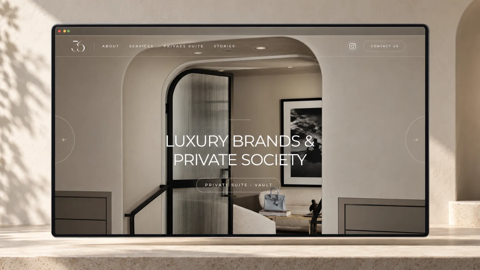 Three Over Six website on a desktop screen, showing a private suite interior.
